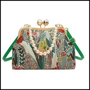 Vintage Embroidered Flower Crossbody Bag Retro Pearl Chain Kiss Lock Clutch